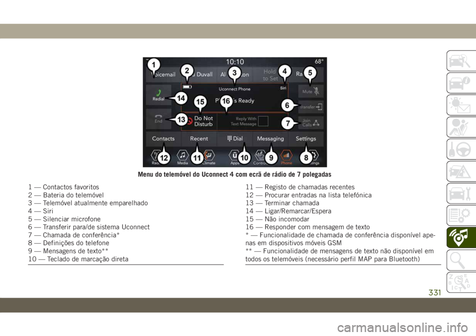 JEEP CHEROKEE 2019 Manual de Uso e Manutenção (in Portuguese) Menu do telemóvel do Uconnect 4 com ecrã de rádio de 7 polegadas
1 — Contactos favoritos
2 — Bateria do telemóvel
3 — Telemóvel atualmente emparelhado
4 — Siri
5 — Silenciar microfone
6 JEEP CHEROKEE 2019 Manual de Uso e Manutenção (in Portuguese) Menu do telemóvel do Uconnect 4 com ecrã de rádio de 7 polegadas
1 — Contactos favoritos
2 — Bateria do telemóvel
3 — Telemóvel atualmente emparelhado
4 — Siri
5 — Silenciar microfone
6