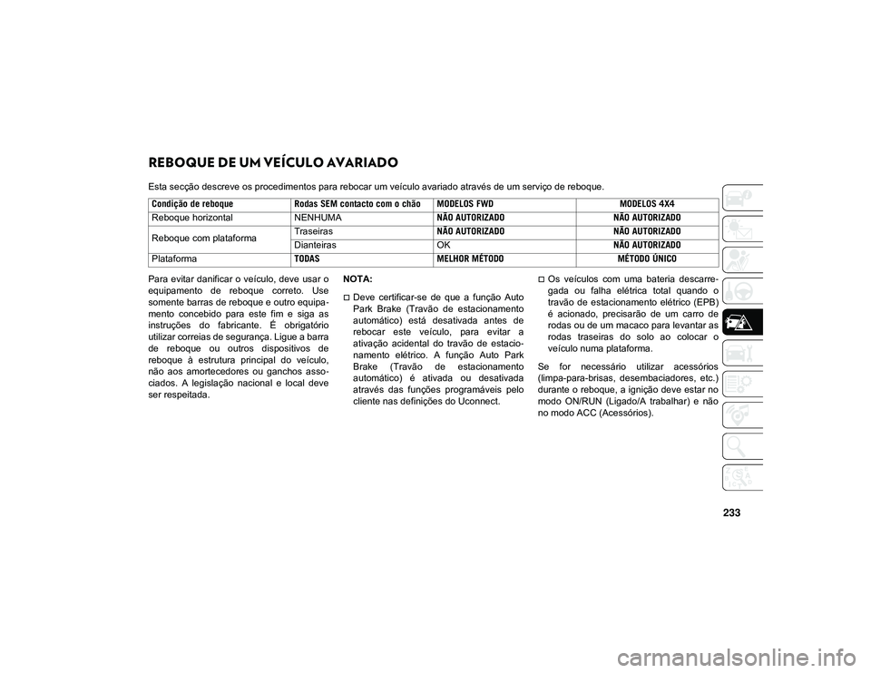JEEP CHEROKEE 2021  Manual de Uso e Manutenção (in Portuguese) 233
REBOQUE DE UM VEÍCULO AVARIADO 
Esta secção descreve os procedimentos para rebocar um veículo avariado através de um serviço de reboque.
Para evitar danificar  o veículo,  deve  usar  o
equ