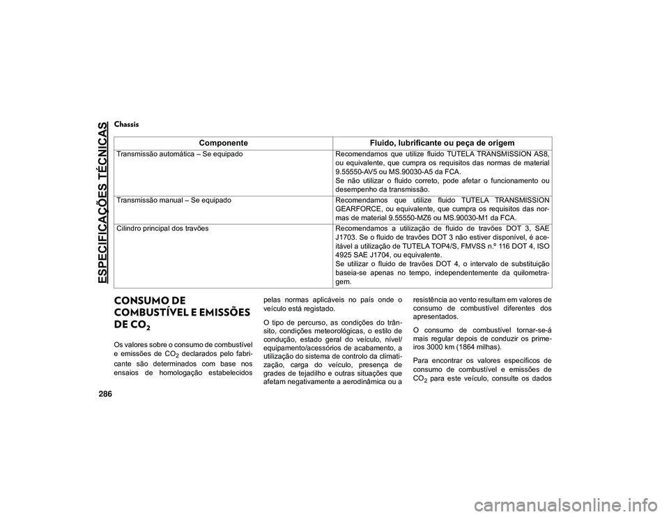 JEEP CHEROKEE 2021  Manual de Uso e Manutenção (in Portuguese) ESPECIFICAÇÕES TÉCNICAS
286
Chassis  
CONSUMO DE 
COMBUSTÍVEL E EMISSÕES 
DE CO
2 
Os valores sobre o consumo de combustível
e  emissões  de  CO
2  declarados  pelo  fabri-
cante  são  determi