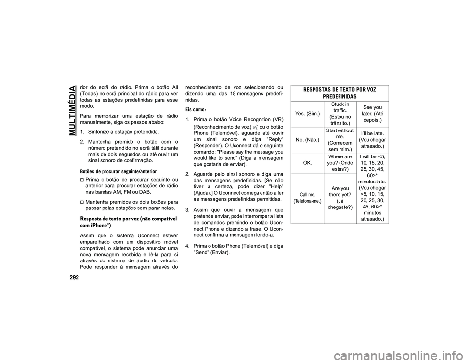 JEEP CHEROKEE 2021  Manual de Uso e Manutenção (in Portuguese) MULTIMÉDIA
292
rior  do  ecrã  do  rádio.  Prima  o  botão  All
(Todas)  no  ecrã  principal  do  rádio  para  ver
todas  as  estações  predefinidas  para  esse
modo.
Para  memorizar  uma  est