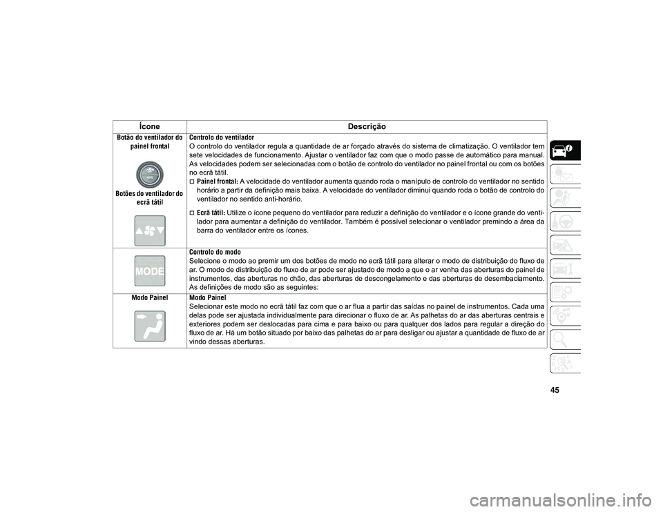 JEEP CHEROKEE 2021 Manual de Uso e Manutenção (in Portuguese) 45
Botão do ventilador do painel frontal
Botões do ventilador do ecrã tátil Controlo do ventilador
O controlo do ventilador regula a quantidade de ar forçado através do sistema de climatizaçã JEEP CHEROKEE 2021 Manual de Uso e Manutenção (in Portuguese) 45
Botão do ventilador do painel frontal
Botões do ventilador do ecrã tátil Controlo do ventilador
O controlo do ventilador regula a quantidade de ar forçado através do sistema de climatizaçã