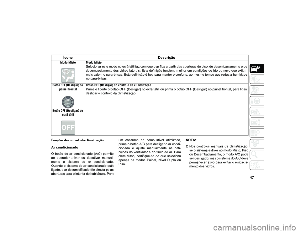 JEEP CHEROKEE 2021 Manual de Uso e Manutenção (in Portuguese) 47
Funções de controlo da climatização
Ar condicionado
O botão do ar condicionado (A/C) permite
ao operador ativar ou desativar manual-
mente o sistema de ar condicionado.
Quando JEEP CHEROKEE 2021 Manual de Uso e Manutenção (in Portuguese) 47
Funções de controlo da climatização
Ar condicionado
O botão do ar condicionado (A/C) permite
ao operador ativar ou desativar manual-
mente o sistema de ar condicionado.
Quando