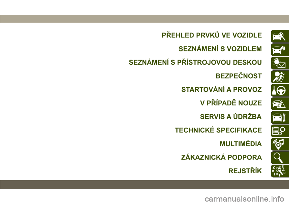 JEEP CHEROKEE 2019  Návod k použití a údržbě (in Czech) PŘEHLED PRVKŮ VE VOZIDLE
SEZNÁMENÍ S VOZIDLEM
SEZNÁMENÍ S PŘÍSTROJOVOU DESKOU
BEZPEČNOST
STARTOVÁNÍ A PROVOZ
V PŘÍPADĚ NOUZE
SERVIS A ÚDRŽBA
TECHNICKÉ SPECIFIKACE
MULTIMÉDIA
ZÁKAZNI