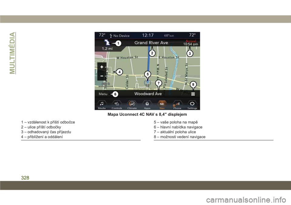 JEEP CHEROKEE 2019 Návod k použití a údržbě (in Czech) Mapa Uconnect 4C NAV s 8,4" displejem
1 – vzdálenost k příští odbočce
2 – ulice příští odbočky
3 – odhadovaný čas příjezdu
4 – přiblížení a oddálení5 – vaše poloha JEEP CHEROKEE 2019 Návod k použití a údržbě (in Czech) Mapa Uconnect 4C NAV s 8,4" displejem
1 – vzdálenost k příští odbočce
2 – ulice příští odbočky
3 – odhadovaný čas příjezdu
4 – přiblížení a oddálení5 – vaše poloha