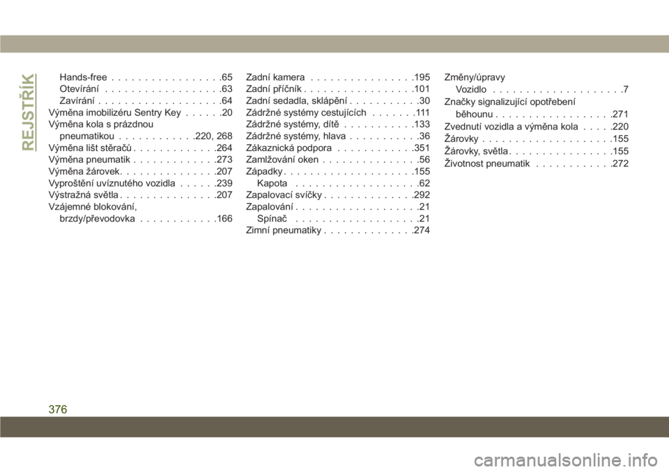 JEEP CHEROKEE 2019  Návod k použití a údržbě (in Czech) Hands-free.................65
Otevírání..................63
Zavírání...................64
Výměna imobilizéru Sentry Key......20
Výměna kola s prázdnou
pneumatikou............220, 268
Vým�