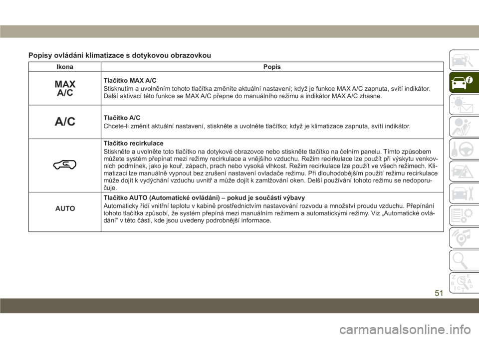 JEEP CHEROKEE 2019  Návod k použití a údržbě (in Czech) Popisy ovládání klimatizace s dotykovou obrazovkou
Ikona Popis
Tlačítko MAX A/C
Stisknutím a uvolněním tohoto tlačítka změníte aktuální nastavení; když je funkce MAX A/C zapnuta, svít