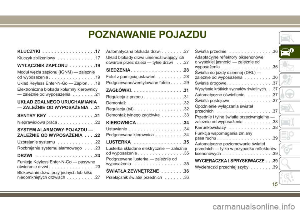 JEEP CHEROKEE 2018 Instrukcja obsługi (in Polish) POZNAWANIE POJAZDU
KLUCZYKI..................17
Kluczyk zbliżeniowy.............17
WYŁĄCZNIK ZAPŁONU.........19
Moduł węzła zapłonu (IGNM) — zależnie
od wyposażenia................19
Ukła JEEP CHEROKEE 2018 Instrukcja obsługi (in Polish) POZNAWANIE POJAZDU
KLUCZYKI..................17
Kluczyk zbliżeniowy.............17
WYŁĄCZNIK ZAPŁONU.........19
Moduł węzła zapłonu (IGNM) — zależnie
od wyposażenia................19
Ukła