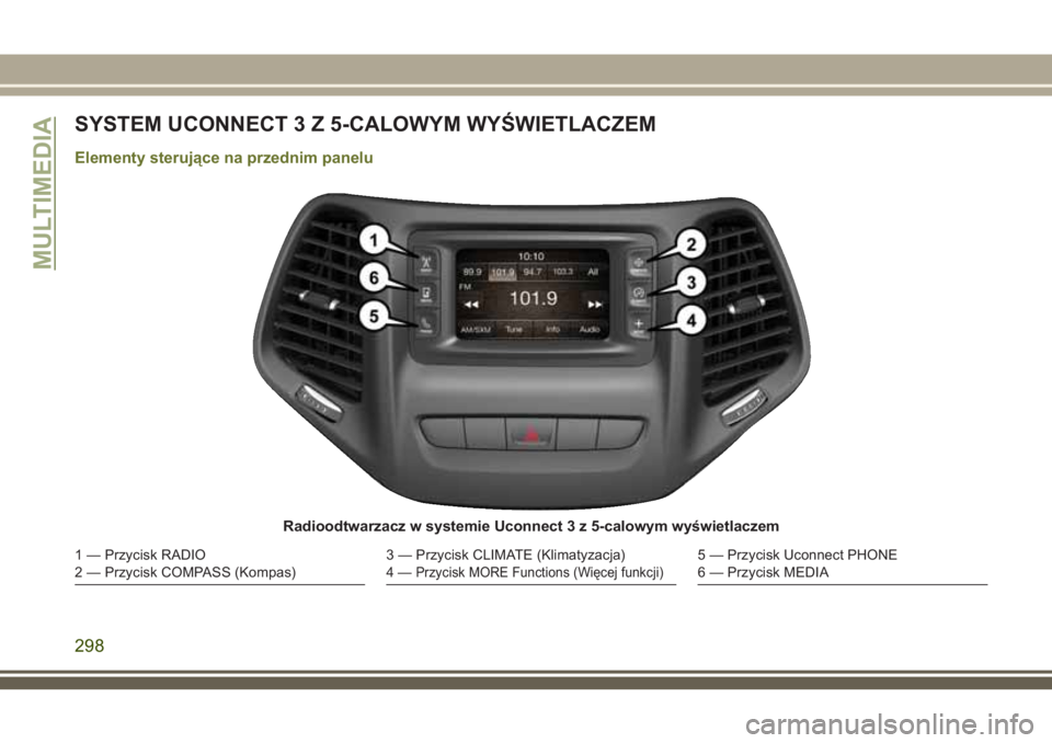 JEEP CHEROKEE 2018 Instrukcja obsługi (in Polish) SYSTEM UCONNECT 3 Z 5-CALOWYM WYŚWIETLACZEM
Elementy sterujące na przednim panelu
Radioodtwarzacz w systemie Uconnect 3 z 5-calowym wyświetlaczem
1 — Przycisk RADIO
2 — Przycisk COMPASS (Kompas JEEP CHEROKEE 2018 Instrukcja obsługi (in Polish) SYSTEM UCONNECT 3 Z 5-CALOWYM WYŚWIETLACZEM
Elementy sterujące na przednim panelu
Radioodtwarzacz w systemie Uconnect 3 z 5-calowym wyświetlaczem
1 — Przycisk RADIO
2 — Przycisk COMPASS (Kompas