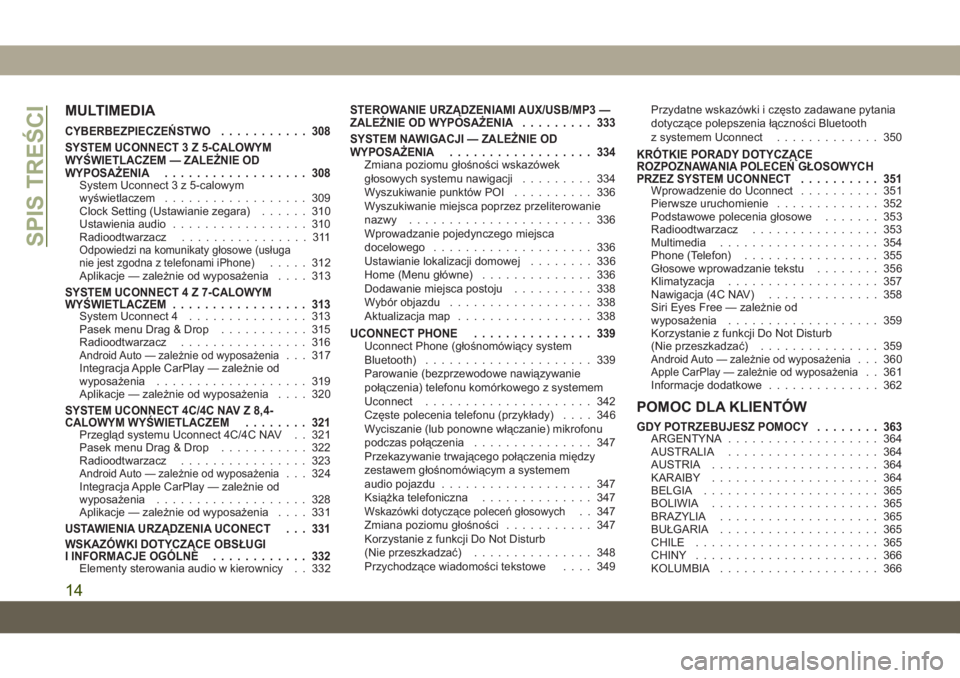 JEEP CHEROKEE 2019  Instrukcja obsługi (in Polish) MULTIMEDIA
CYBERBEZPIECZEŃSTWO........... 308
SYSTEM UCONNECT 3 Z 5-CALOWYM
WYŚWIETLACZEM — ZALE\bNIE OD
WYPOSA\bENIA .................. 308
System Uconnect 3 z 5-calowym
wyświetlaczem...........