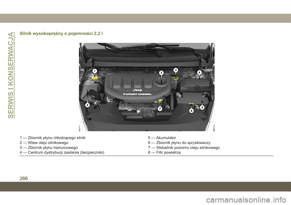 JEEP CHEROKEE 2019 Instrukcja obsługi (in Polish) Silnik wysokoprężny o pojemności 2,2 l
1 — Zbiornik płynu chłodzącego silnik5 — Akumulator
2 — Wlew oleju silnikowego 6 — Zbiornik płynu do spryskiwaczy
3 — Zbiornik płynu hamulcoweg JEEP CHEROKEE 2019 Instrukcja obsługi (in Polish) Silnik wysokoprężny o pojemności 2,2 l
1 — Zbiornik płynu chłodzącego silnik5 — Akumulator
2 — Wlew oleju silnikowego 6 — Zbiornik płynu do spryskiwaczy
3 — Zbiornik płynu hamulcoweg
