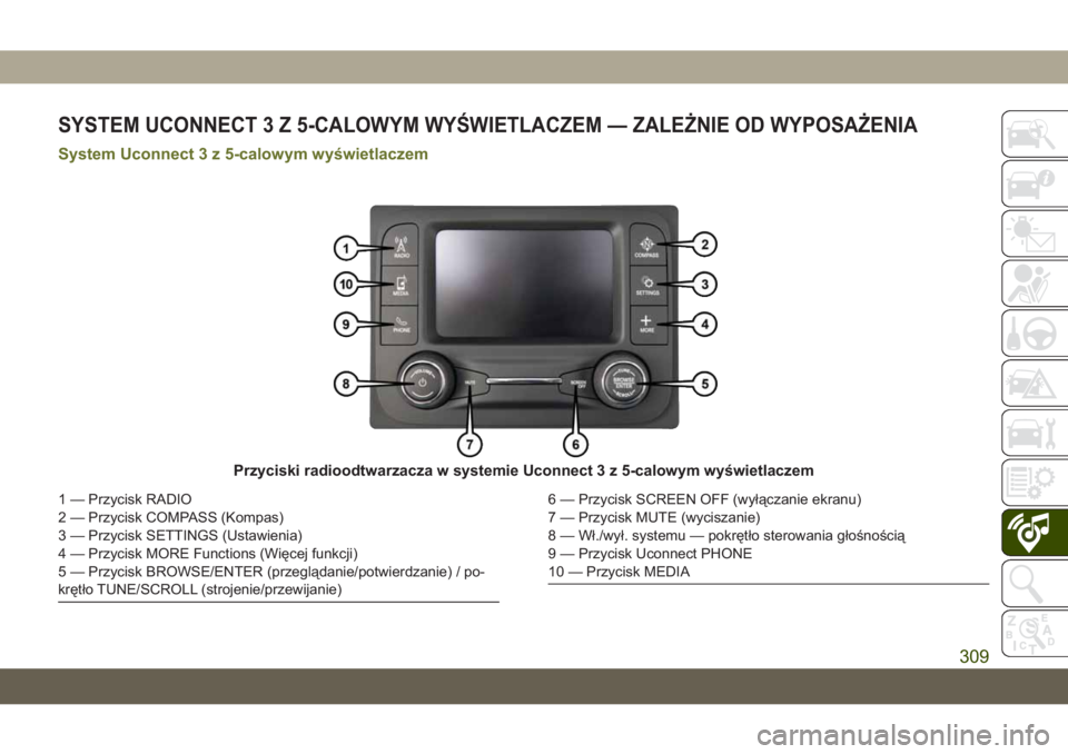 JEEP CHEROKEE 2019  Instrukcja obsługi (in Polish) SYSTEM UCONNECT 3 Z 5-CALOWYM WYŚWIETLACZEM — ZALE\bNIE OD WYPOSA\bENIA
System Uconnect 3 z 5-calowym wyświetlaczem
Przyciski radioodtwarzacza w systemie Uconnect 3 z 5-calowym wyświetlaczem
1 �