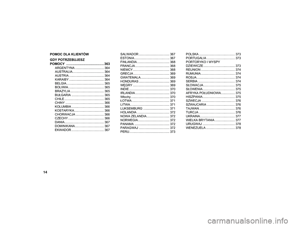 JEEP CHEROKEE 2020  Instrukcja obsługi (in Polish) 14
POMOC DLA KLIENTÓW
GDY POTRZEBUJESZ 
POMOCY  ......................................... 363
ARGENTYNA ................................. 364
AUSTRALIA.................................... 364
AUSTRIA