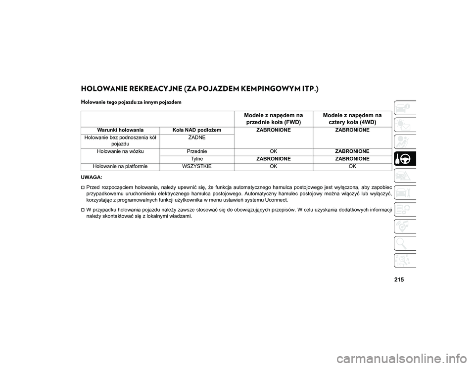 JEEP CHEROKEE 2020 Instrukcja obsługi (in Polish) 215
HOLOWANIE REKREACYJNE (ZA POJAZDEM KEMPINGOWYM ITP.)
Holowanie tego pojazdu za innym pojazdem
UWAGA:
Przed rozpoczęciem holowania, należy upewnić się, że funkcja automatycznego h JEEP CHEROKEE 2020 Instrukcja obsługi (in Polish) 215
HOLOWANIE REKREACYJNE (ZA POJAZDEM KEMPINGOWYM ITP.)
Holowanie tego pojazdu za innym pojazdem
UWAGA:
Przed rozpoczęciem holowania, należy upewnić się, że funkcja automatycznego h