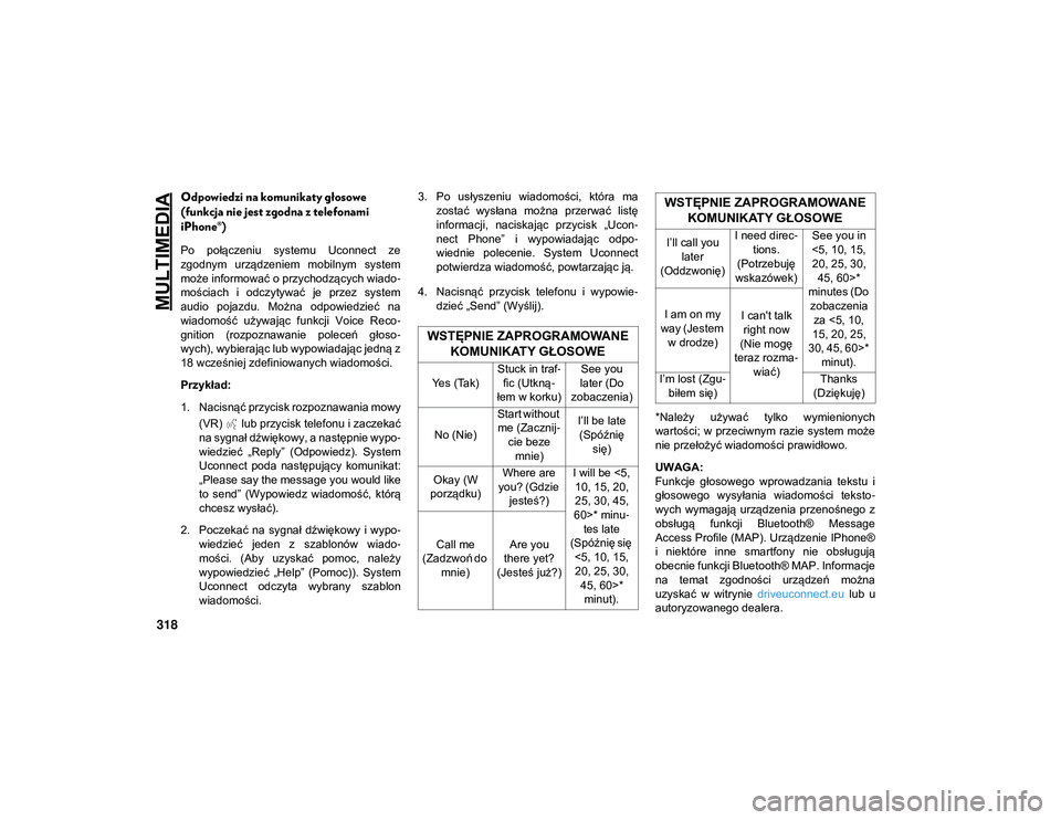 JEEP CHEROKEE 2020  Instrukcja obsługi (in Polish) MULTIMEDIA
318
Odpowiedzi na komunikaty głosowe 
(funkcja nie jest zgodna z telefonami 
iPhone®) 
Po  połączeniu  systemu  Uconnect  ze
zgodnym  urządzeniem  mobilnym  system
może informować o 