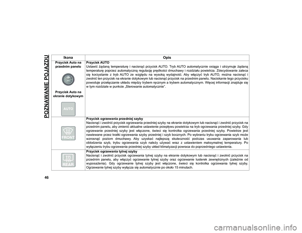 JEEP CHEROKEE 2020  Instrukcja obsługi (in Polish) POZNAWANIE POJAZDU
46
Przycisk Auto na przednim panelu
  
Przycisk Auto na 
ekranie dotykowym Przycisk AUTO
Ustawić  żądaną  temperaturę  i  nacisnąć  przycisk  AUTO.  Tryb AUTO  automatycznie 