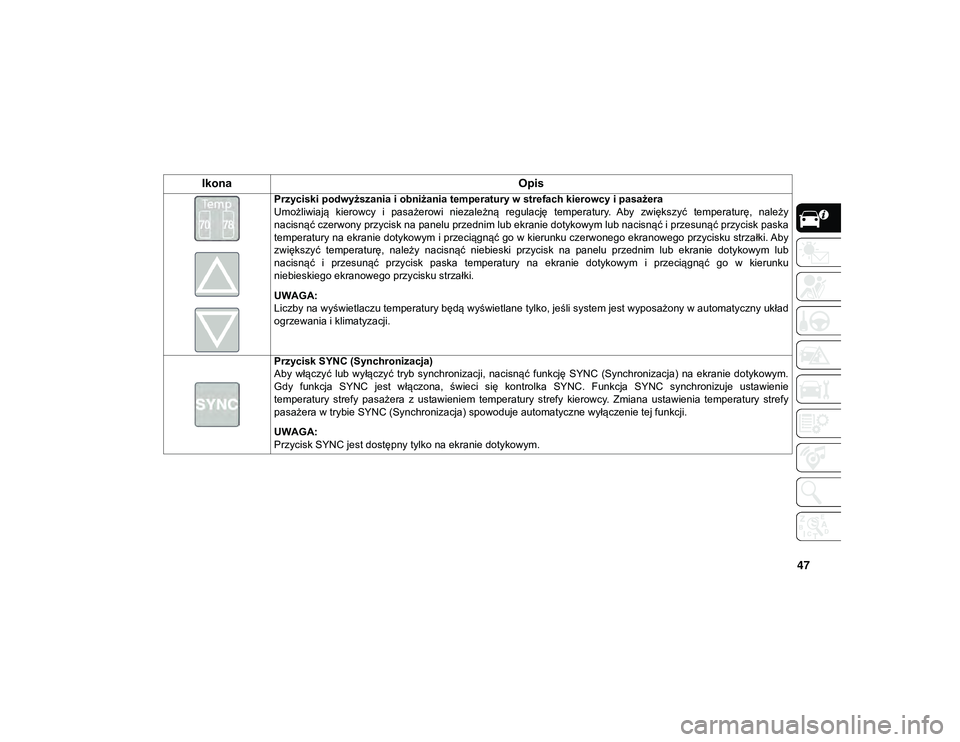 JEEP CHEROKEE 2020  Instrukcja obsługi (in Polish) 47
Przyciski podwyższania i obniżania temperatury w strefach kierowcy i pasażera
Umożliwiają  kierowcy  i  pasażerowi  niezależną  regulację  temperatury.  Aby  zwiększyć  temperaturę,  na