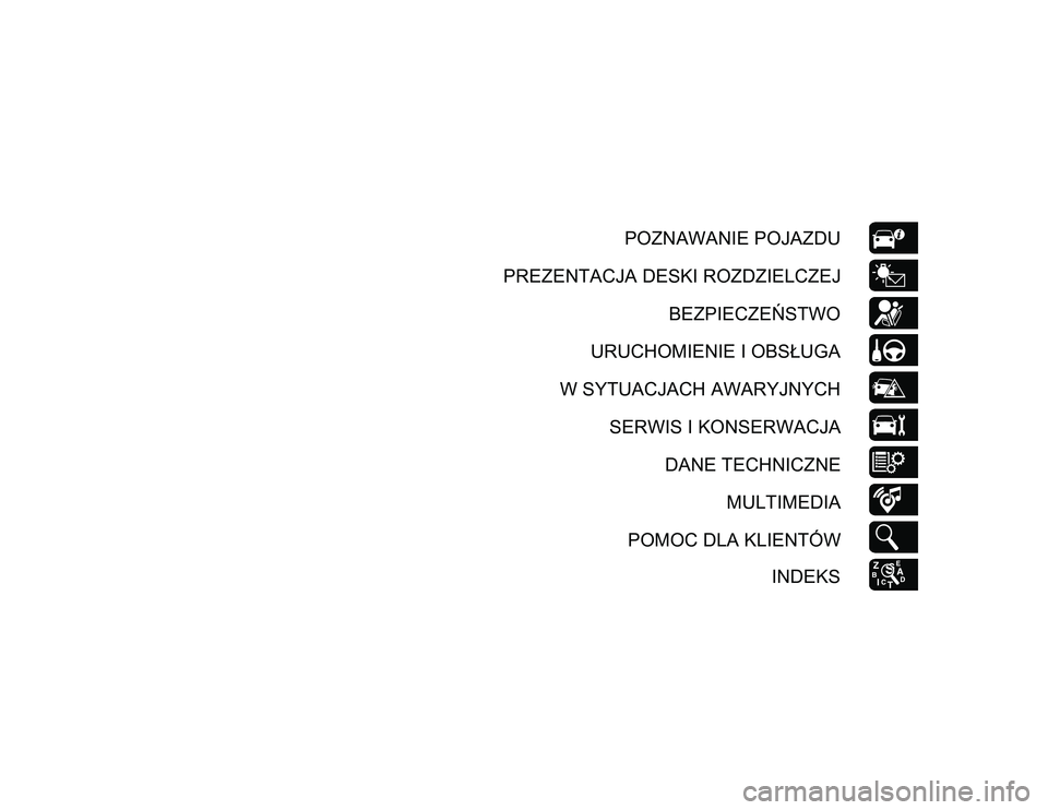 JEEP CHEROKEE 2020  Instrukcja obsługi (in Polish) POZNAWANIE POJAZDU
PREZENTACJA DESKI ROZDZIELCZEJ BEZPIECZEŃSTWO
URUCHOMIENIE I OBSŁUGA
W SYTUACJACH AWARYJNYCH SERWIS I KONSERWACJA DANE TECHNICZNE MULTIMEDIA
POMOC DLA KLIENTÓW INDEKS
2020_JEEP_C