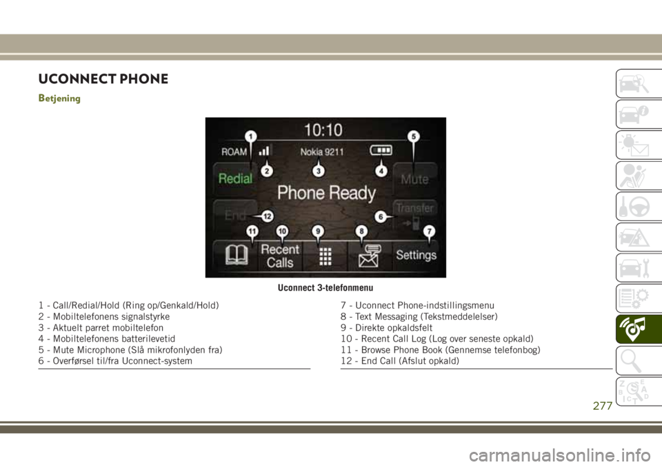 JEEP CHEROKEE 2018  Brugs- og vedligeholdelsesvejledning (in Danish) UCONNECT PHONE
Betjening
Uconnect 3-telefonmenu
1 - Call/Redial/Hold (Ring op/Genkald/Hold)
2 - Mobiltelefonens signalstyrke
3 - Aktuelt parret mobiltelefon
4 - Mobiltelefonens batterilevetid
5 - Mute