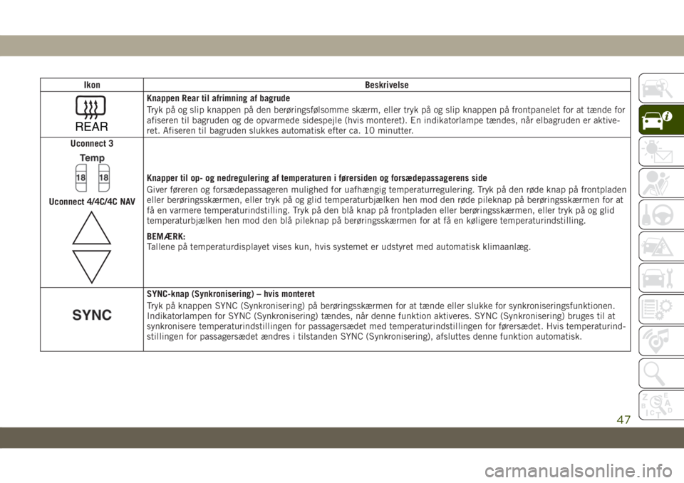 JEEP CHEROKEE 2019  Brugs- og vedligeholdelsesvejledning (in Danish) Ikon Beskrivelse
REAR
Knappen Rear til afrimning af bagrude
Tryk på og slip knappen på den berøringsfølsomme skærm, eller tryk på og slip knappen på frontpanelet for at tænde for
afiseren til 