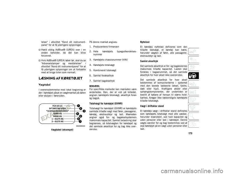 JEEP CHEROKEE 2020  Brugs- og vedligeholdelsesvejledning (in Danish) 179
lelser"  i  afsnittet  "Kend  dit  instrument-
panel" for at få yderligere oplysninger.
Hæld  aldrig  AdBlue®  (UREA)  over  i  en
anden  beholder,  da  det  kan  blive
forurenet