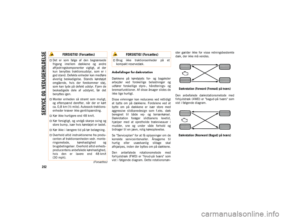 JEEP CHEROKEE 2021  Brugs- og vedligeholdelsesvejledning (in Danish) SERVICE OG VEDLIGEHOLDELSE
252
(Forsættes)
Anbefalinger for dækrotation
Dækkene  på  køretøjets  for-  og  bagaksler
arbejder  ved  forskellige  belastninger  og
udfører  forskellige  styre-,  