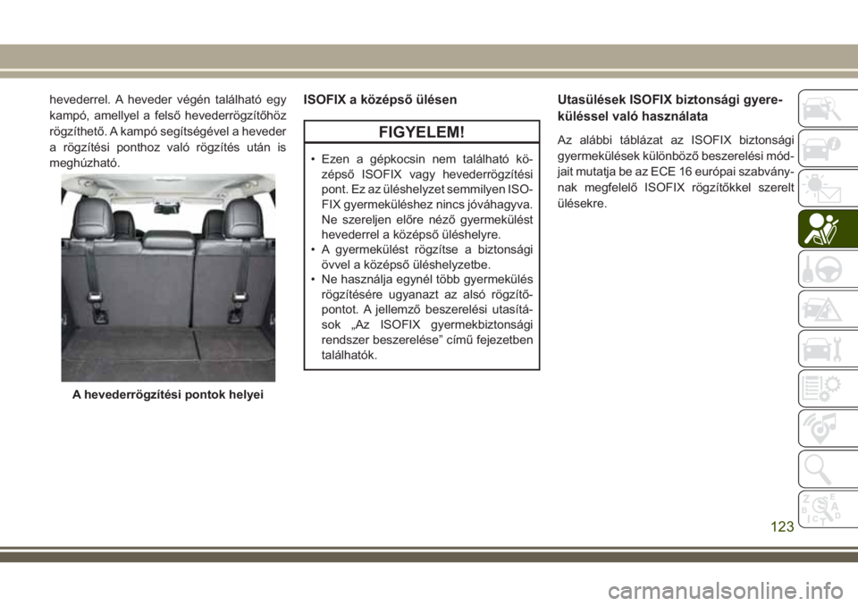 JEEP CHEROKEE 2018  Kezelési és karbantartási útmutató (in Hungarian) hevederrel. A heveder végén található egy
kampó, amellyel a felső hevederrögzítőhöz
rögzíthető. A kampó segítségével a heveder
a rögzítési ponthoz való rögzítés után is
meghú