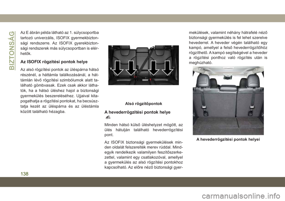 JEEP CHEROKEE 2019  Kezelési és karbantartási útmutató (in Hungarian) Az E ábrán példa látható az 1. súlycsoportba
tartozó univerzális, ISOFIX gyermekbizton-
sági rendszerre. Az ISOFIX gyerekbizton-
sági rendszerek más súlycsoportban is elér-
hetők.
Az ISO