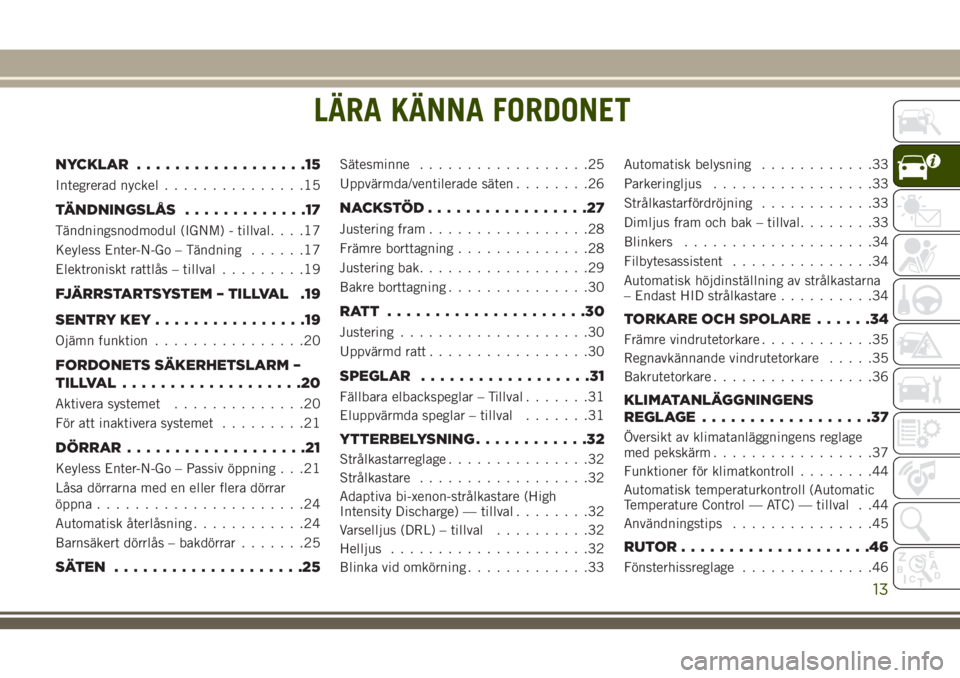 JEEP CHEROKEE 2018  Drift- och underhållshandbok (in Swedish) LÄRA KÄNNA FORDONET
NYCKLAR..................15
Integrerad nyckel...............15
TÄNDNINGSLÅS.............17
Tändningsnodmodul (IGNM) - tillval....17
Keyless Enter-N-Go – Tändning......17
El