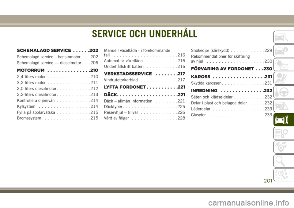 JEEP CHEROKEE 2018  Drift- och underhållshandbok (in Swedish) SERVICE OCH UNDERHÅLL
SCHEMALAGD SERVICE......202
Schemalagd service – bensinmotor . . .202
Schemalagd service — dieselmotor . . .206
MOTORRUM...............210
2,4-liters motor...............210