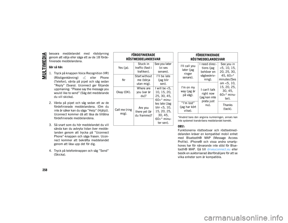 JEEP CHEROKEE 2020  Drift- och underhållshandbok (in Swedish) MULTIMEDIA
258
besvara  meddelandet  med  röststyrning
genom att välja eller säga ett av de 18 förde-
finierade meddelandena.
Gör så här: 
1. Tryck på knappen Voice Recognition (VR) (Röstigen