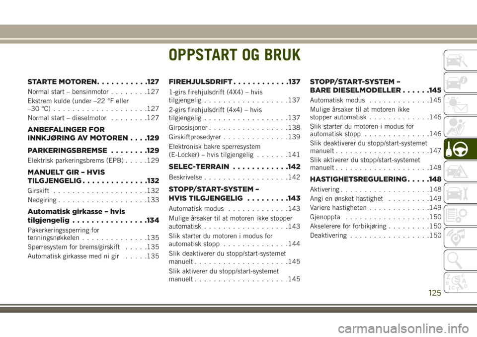 JEEP CHEROKEE 2018 Drift- og vedlikeholdshåndbok (in Norwegian) OPPSTART OG BRUK
STARTE MOTOREN...........127
Normal start – bensinmotor........127
Ekstrem kulde (under –22 °F eller
–30°C)....................127
Normal start – dieselmotor........127
ANBE JEEP CHEROKEE 2018 Drift- og vedlikeholdshåndbok (in Norwegian) OPPSTART OG BRUK
STARTE MOTOREN...........127
Normal start – bensinmotor........127
Ekstrem kulde (under –22 °F eller
–30°C)....................127
Normal start – dieselmotor........127
ANBE