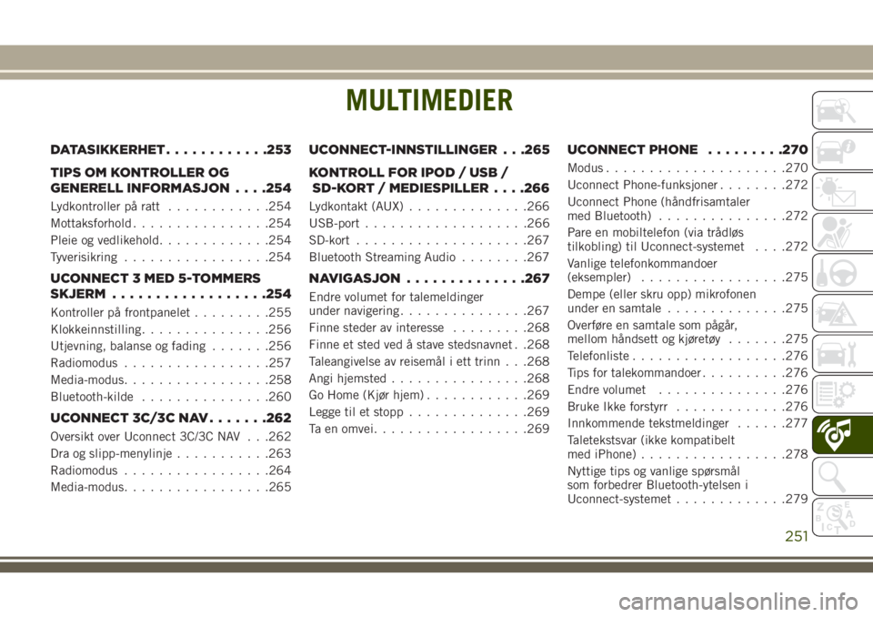 JEEP CHEROKEE 2018  Drift- og vedlikeholdshåndbok (in Norwegian) MULTIMEDIER
DATASIKKERHET............253
TIPS OM KONTROLLER OG
GENERELL INFORMASJON. . . .254
Lydkontroller på ratt............254
Mottaksforhold................254
Pleie og vedlikehold.............2