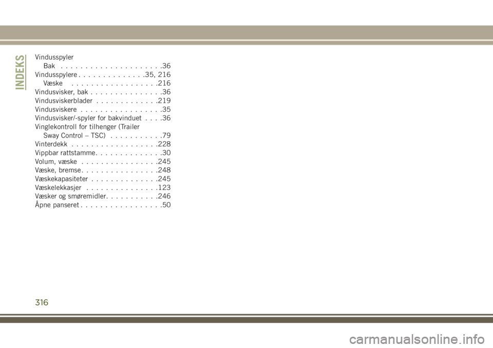 JEEP CHEROKEE 2018  Drift- og vedlikeholdshåndbok (in Norwegian) Vindusspyler
Bak .....................36
Vindusspylere..............35, 216
Væske..................216
Vindusvisker, bak...............36
Vindusviskerblader.............219
Vindusviskere.............
