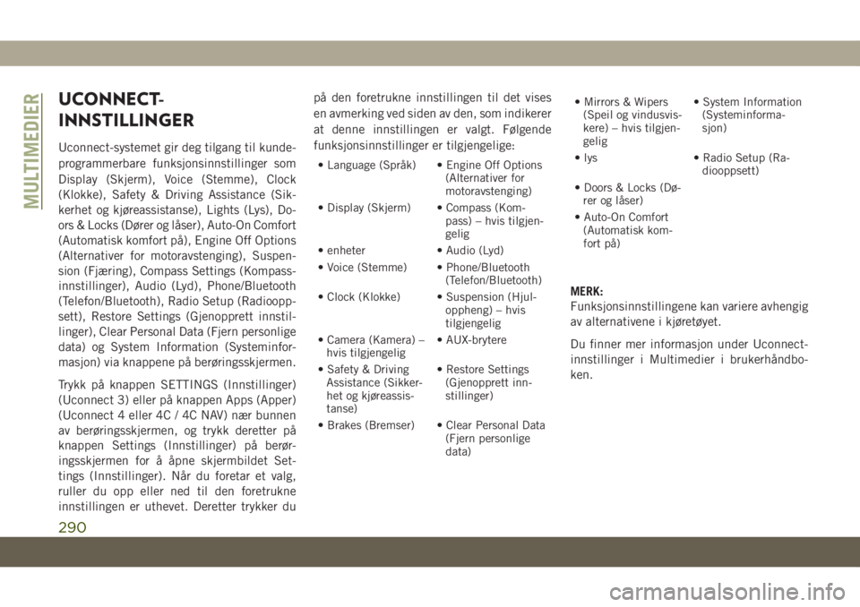 JEEP CHEROKEE 2019  Drift- og vedlikeholdshåndbok (in Norwegian) UCONNECT-
INNSTILLINGER
Uconnect-systemet gir deg tilgang til kunde-
programmerbare funksjonsinnstillinger som
Display (Skjerm), Voice (Stemme), Clock
(Klokke), Safety & Driving Assistance (Sik-
kerhe