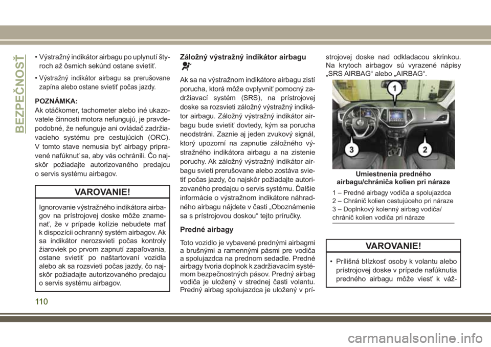JEEP CHEROKEE 2018 Návod na použitie a údržbu (in Slovak) • Výstražný indikátor airbagu po uplynutí šty-
roch až ôsmich sekúnd ostane svietiť.
•
Výstražný indikátor airbagu sa prerušovane
zapína alebo ostane svietiť počas jazdy.
POZNÁM JEEP CHEROKEE 2018 Návod na použitie a údržbu (in Slovak) • Výstražný indikátor airbagu po uplynutí šty-
roch až ôsmich sekúnd ostane svietiť.
•
Výstražný indikátor airbagu sa prerušovane
zapína alebo ostane svietiť počas jazdy.
POZNÁM
