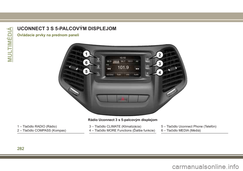 JEEP CHEROKEE 2018 Návod na použitie a údržbu (in Slovak) UCONNECT 3 S 5-PALCOVÝM DISPLEJOM
Ovládacie prvky na prednom paneli
Rádio Uconnect 3 s 5-palcovým displejom
1 – Tlačidlo RADIO (Rádio)
2 – Tlačidlo COMPASS (Kompas)3 – Tlačidlo CLIMATE ( JEEP CHEROKEE 2018 Návod na použitie a údržbu (in Slovak) UCONNECT 3 S 5-PALCOVÝM DISPLEJOM
Ovládacie prvky na prednom paneli
Rádio Uconnect 3 s 5-palcovým displejom
1 – Tlačidlo RADIO (Rádio)
2 – Tlačidlo COMPASS (Kompas)3 – Tlačidlo CLIMATE (