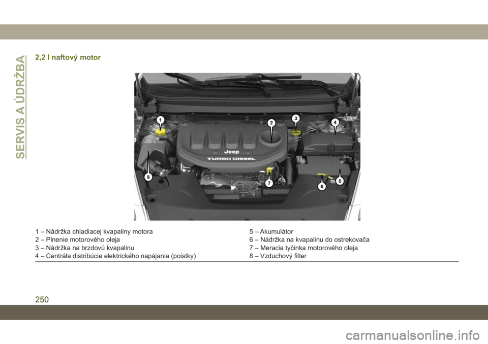JEEP CHEROKEE 2019 Návod na použitie a údržbu (in Slovak) 2,2 l naftový motor
1 – Nádržka chladiacej kvapaliny motora 5 – Akumulátor
2 – Plnenie motorového oleja 6 – Nádržka na kvapalinu do ostrekovača
3 – Nádržka na brzdovú kvapalinu 7 JEEP CHEROKEE 2019 Návod na použitie a údržbu (in Slovak) 2,2 l naftový motor
1 – Nádržka chladiacej kvapaliny motora 5 – Akumulátor
2 – Plnenie motorového oleja 6 – Nádržka na kvapalinu do ostrekovača
3 – Nádržka na brzdovú kvapalinu 7