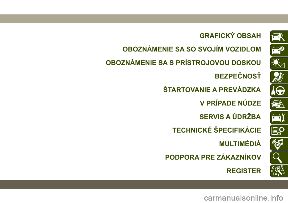 JEEP CHEROKEE 2019  Návod na použitie a údržbu (in Slovak) GRAFICKÝ OBSAH
OBOZNÁMENIE SA SO SVOJÍM VOZIDLOM
OBOZNÁMENIE SA S PRÍSTROJOVOU DOSKOU
BEZPEČNOSŤ
ŠTARTOVANIE A PREVÁDZKA
V PRÍPADE NÚDZE
SERVIS A ÚDRŽBA
TECHNICKÉ ŠPECIFIKÁCIE
MULTIMÉ