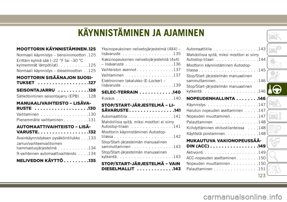 JEEP CHEROKEE 2018 Käyttö- ja huolto-ohjekirja (in in Finnish) KÄYNNISTÄMINEN JA AJAMINEN
MOOTTORIN KÄYNNISTÄMINEN .125
Normaali käynnistys – bensiinimoottori .125
Erittäin kylmä sää (–22 °F tai –30 °C
kylmemmät lämpötilat)...........125
Norma JEEP CHEROKEE 2018 Käyttö- ja huolto-ohjekirja (in in Finnish) KÄYNNISTÄMINEN JA AJAMINEN
MOOTTORIN KÄYNNISTÄMINEN .125
Normaali käynnistys – bensiinimoottori .125
Erittäin kylmä sää (–22 °F tai –30 °C
kylmemmät lämpötilat)...........125
Norma