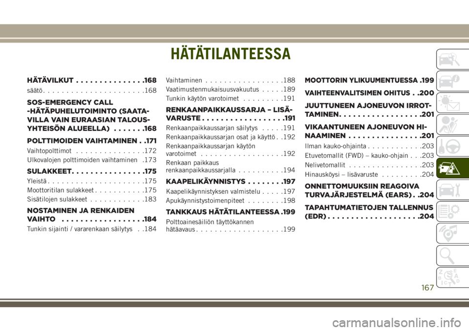 JEEP CHEROKEE 2018 Käyttö- ja huolto-ohjekirja (in in Finnish) HÄTÄTILANTEESSA
HÄTÄVILKUT...............168
säätö......................168
SOS-EMERGENCY CALL
-HÄTÄPUHELUTOIMINTO (SAATA-
VILLA VAIN EURAASIAN TALOUS-
YHTEISÖN ALUEELLA).......168
POLTTIMOI JEEP CHEROKEE 2018 Käyttö- ja huolto-ohjekirja (in in Finnish) HÄTÄTILANTEESSA
HÄTÄVILKUT...............168
säätö......................168
SOS-EMERGENCY CALL
-HÄTÄPUHELUTOIMINTO (SAATA-
VILLA VAIN EURAASIAN TALOUS-
YHTEISÖN ALUEELLA).......168
POLTTIMOI