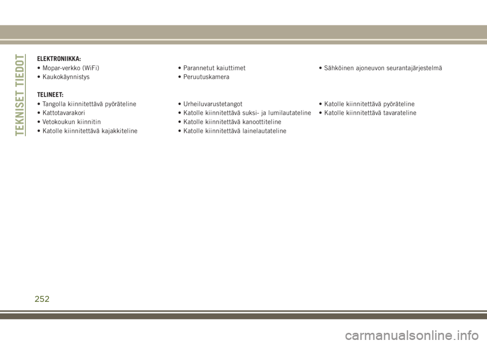 JEEP CHEROKEE 2018  Käyttö- ja huolto-ohjekirja (in in Finnish) ELEKTRONIIKKA:
• Mopar-verkko (WiFi) • Parannetut kaiuttimet • Sähköinen ajoneuvon seurantajärjestelmä
• Kaukokäynnistys • Peruutuskamera
TELINEET:
• Tangolla kiinnitettävä pyörät