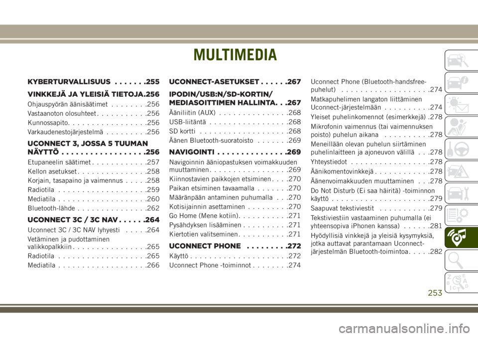 JEEP CHEROKEE 2018  Käyttö- ja huolto-ohjekirja (in in Finnish) MULTIMEDIA
KYBERTURVALLISUUS.......255
VINKKEJÄ JA YLEISIÄ TIETOJA.256
Ohjauspyörän äänisäätimet........256
Vastaanoton olosuhteet...........256
Kunnossapito.................256
Varkaudenestoj