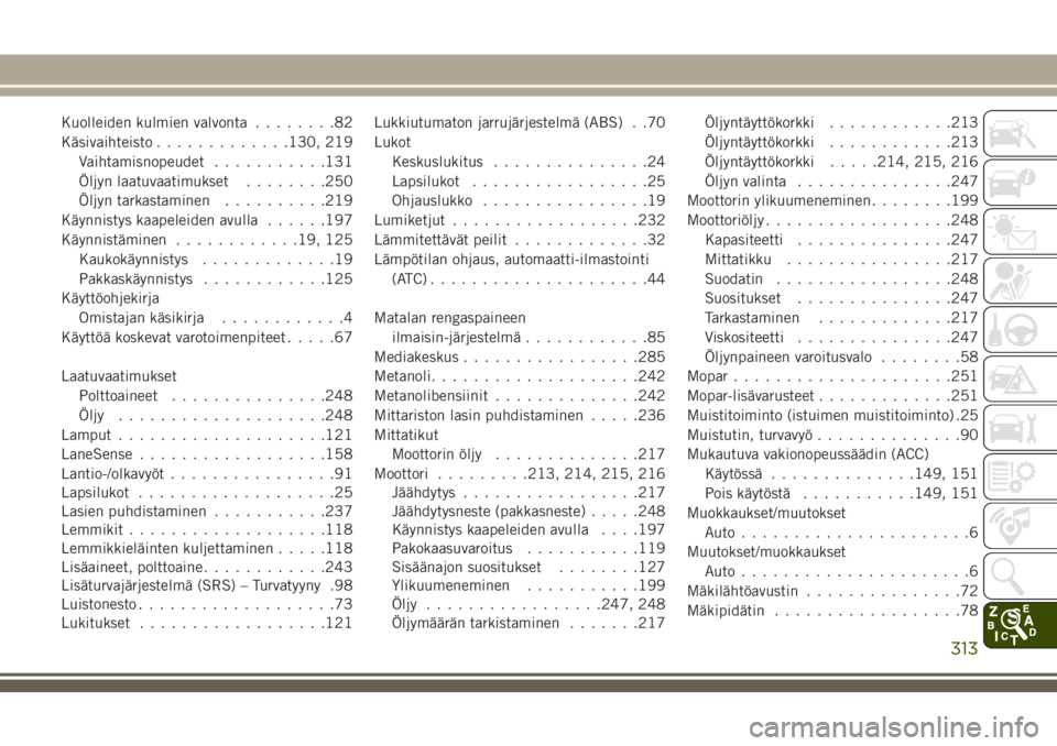 JEEP CHEROKEE 2018  Käyttö- ja huolto-ohjekirja (in in Finnish) Kuolleiden kulmien valvonta........82
Käsivaihteisto.............130, 219
Vaihtamisnopeudet...........131
Öljyn laatuvaatimukset........250
Öljyn tarkastaminen..........219
Käynnistys kaapeleiden 