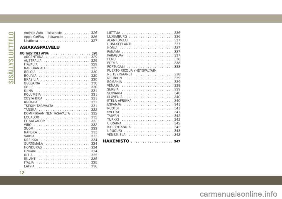 JEEP CHEROKEE 2019  Käyttö- ja huolto-ohjekirja (in in Finnish) Android Auto – lisävaruste........... 326
Apple CarPlay – lisävaruste ........... 326
Lisätietoa ..................... 327
ASIAKASPALVELU
JOS TARVITSET APUA ................. 328ARGENTIINA.....