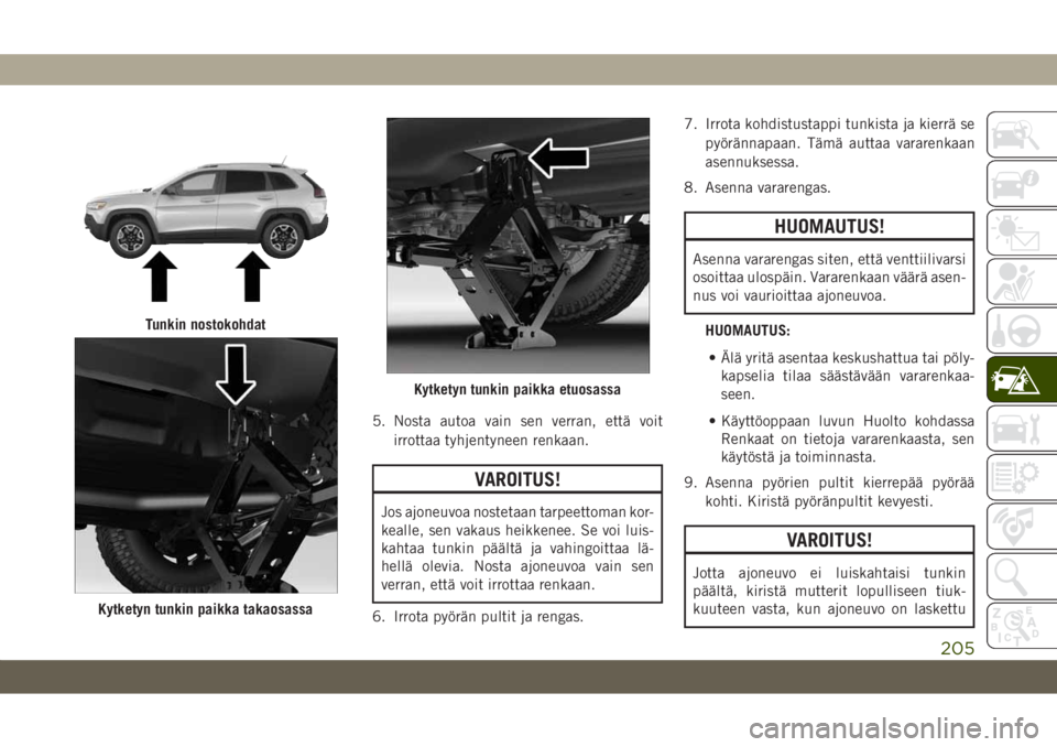 JEEP CHEROKEE 2019 Käyttö- ja huolto-ohjekirja (in in Finnish) 5. Nosta autoa vain sen verran, että voitirrottaa tyhjentyneen renkaan.
VAROITUS!
Jos ajoneuvoa nostetaan tarpeettoman kor-
kealle, sen vakaus heikkenee. Se voi luis-
kahtaa tunkin päältä ja vahin JEEP CHEROKEE 2019 Käyttö- ja huolto-ohjekirja (in in Finnish) 5. Nosta autoa vain sen verran, että voitirrottaa tyhjentyneen renkaan.
VAROITUS!
Jos ajoneuvoa nostetaan tarpeettoman kor-
kealle, sen vakaus heikkenee. Se voi luis-
kahtaa tunkin päältä ja vahin