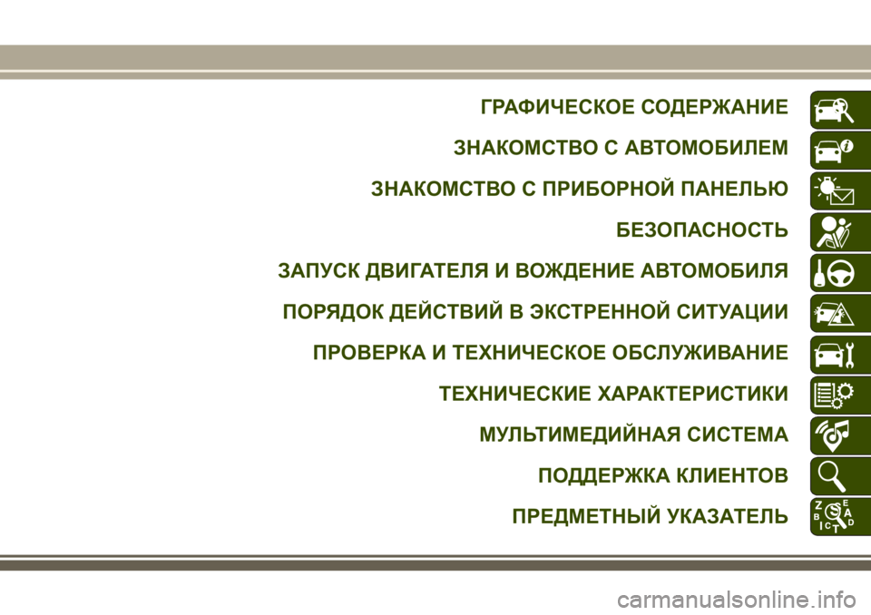 JEEP CHEROKEE 2018  Руководство по эксплуатации и техобслуживанию (in Russian) ГРАФИЧЕСКОЕ СОДЕРЖАНИЕ
ЗНАКОМСТВО С АВТОМОБИЛЕМ
ЗНАКОМСТВО С ПРИБОРНОЙ ПАНЕЛЬЮ
БЕЗОПАСНОСТЬ
ЗАПУСК ДВИГАТ�