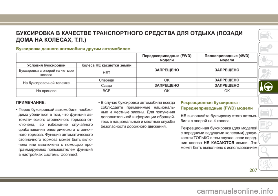 JEEP CHEROKEE 2018  Руководство по эксплуатации и техобслуживанию (in Russian) БУКСИРОВКА В КАЧЕСТВЕ ТРАНСПОРТНОГО СРЕДСТВА ДЛЯ ОТДЫХА (ПОЗАДИ
ДОМА НА КОЛЕСАХ, Т.П.)
Буксировка данного авт