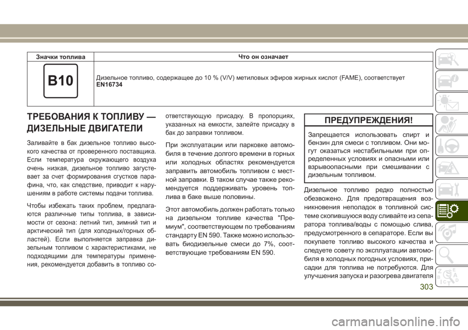 JEEP CHEROKEE 2018  Руководство по эксплуатации и техобслуживанию (in Russian) Значки топливаЧто он означает
Дизельное топливо, содержащее до 10 % (V/V) метиловых эфиров жирных кислот (FAME), соо