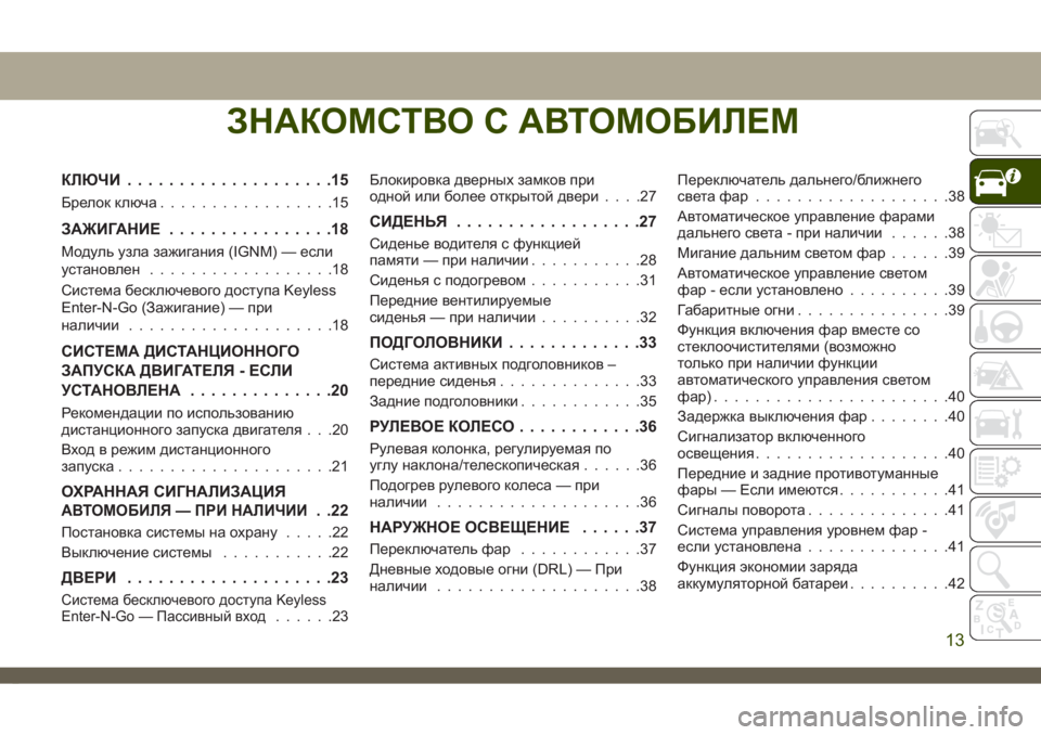 JEEP CHEROKEE 2019 Руководство по эксплуатации и техобслуживанию (in Russian) ЗНАКОМСТВО С АВТОМОБИЛЕМ
КЛЮЧИ ....................15
Брелокключа.................15
ЗАЖИГАНИЕ................18
Модуль узла зажигания JEEP CHEROKEE 2019 Руководство по эксплуатации и техобслуживанию (in Russian) ЗНАКОМСТВО С АВТОМОБИЛЕМ
КЛЮЧИ ....................15
Брелокключа.................15
ЗАЖИГАНИЕ................18
Модуль узла зажигания