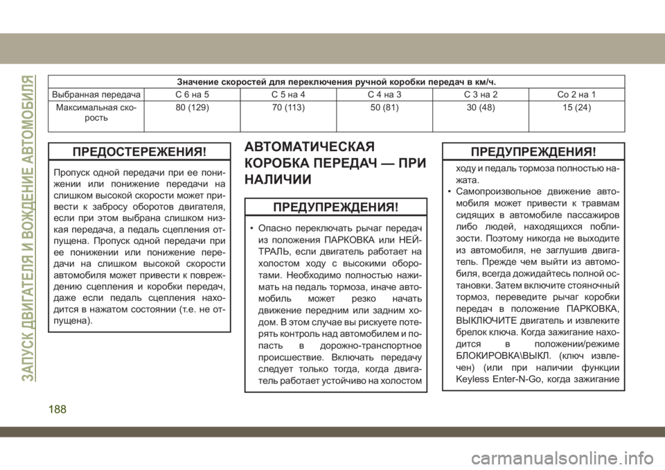 JEEP CHEROKEE 2019  Руководство по эксплуатации и техобслуживанию (in Russian) Значение скоростей для переключения ручной коробки передач в км/ч.
Выбранная передача С 6 на 5 С 5 на 4 С 4 на 3 С 3 